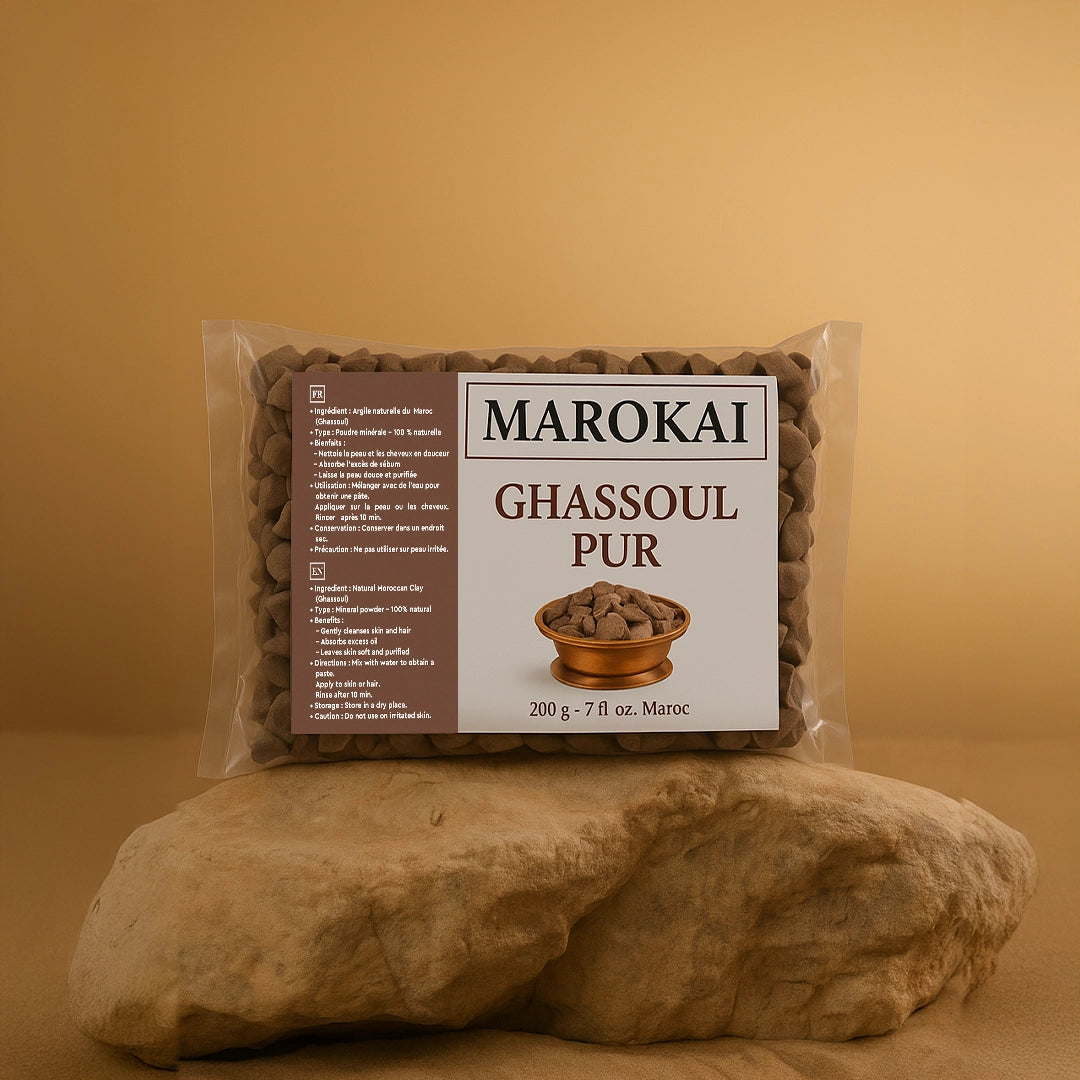 Ghassoul Marocain Pur 200g | Argile Naturelle & Végan pour Cheveux, Visage & Corps