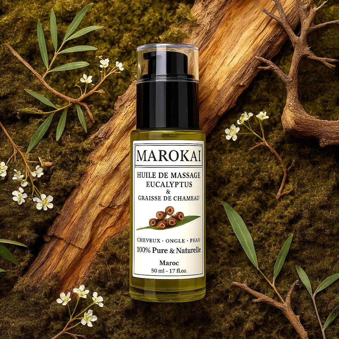 Huile de Massage Musculaire 50ml | Naturelle à l’Eucalyptus & Graisse de Chameau